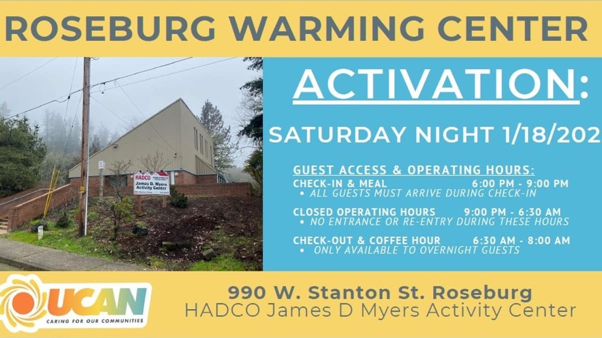 Roseburg Warming Center Opens Saturday as Cold Weather Approaches