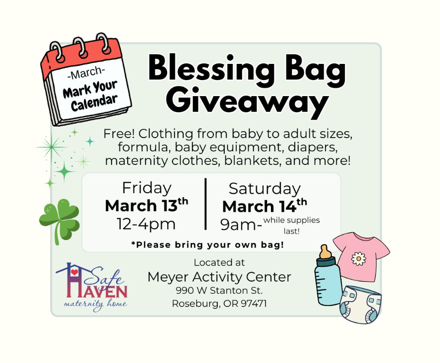 Safe Haven Announces March Blessing Bag Giveaway In Roseburg