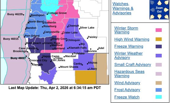Winter Storm Warning Remains In Effect Until 5 PM Thursday For Higher Elevations In Douglas County And Southern Oregon Cascades