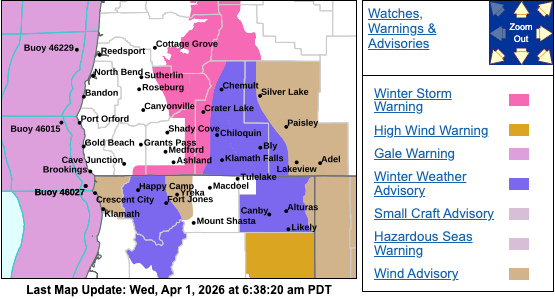 Winter Storm Warning Issued For High Elevations In Eastern Douglas County, Southern Oregon Cascades