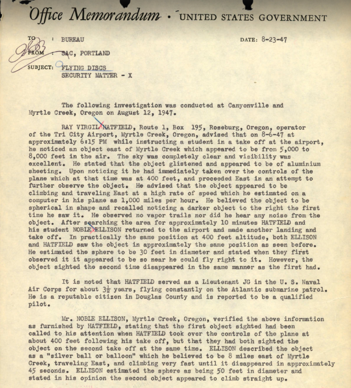1947 Myrtle Creek “Flying Disc” Report Included In Declassified Federal UAP Release