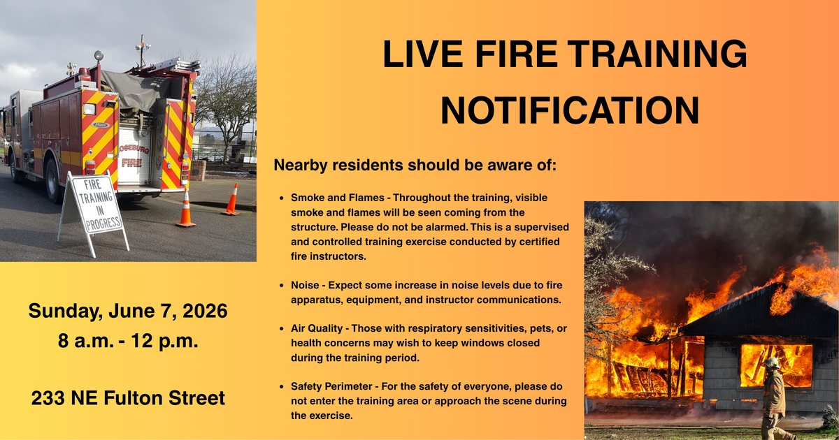 Roseburg Fire To Hold Live Fire Training On NE Fulton Street Sunday