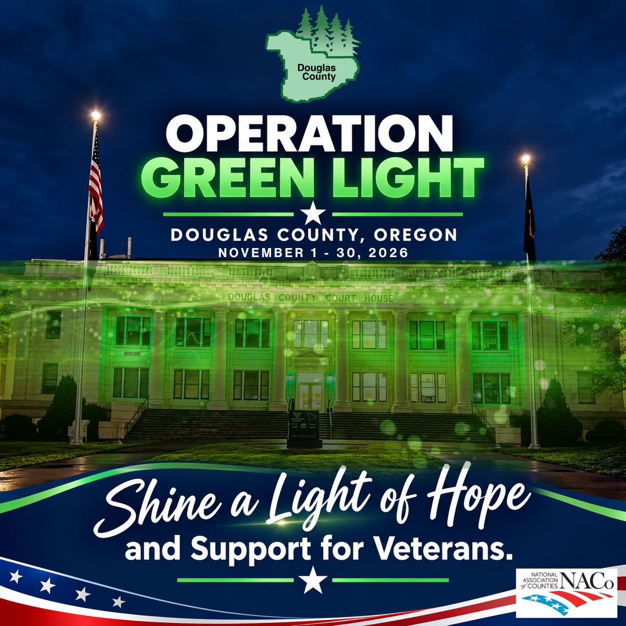 Douglas County Courthouse to Shine Green in November for Veterans