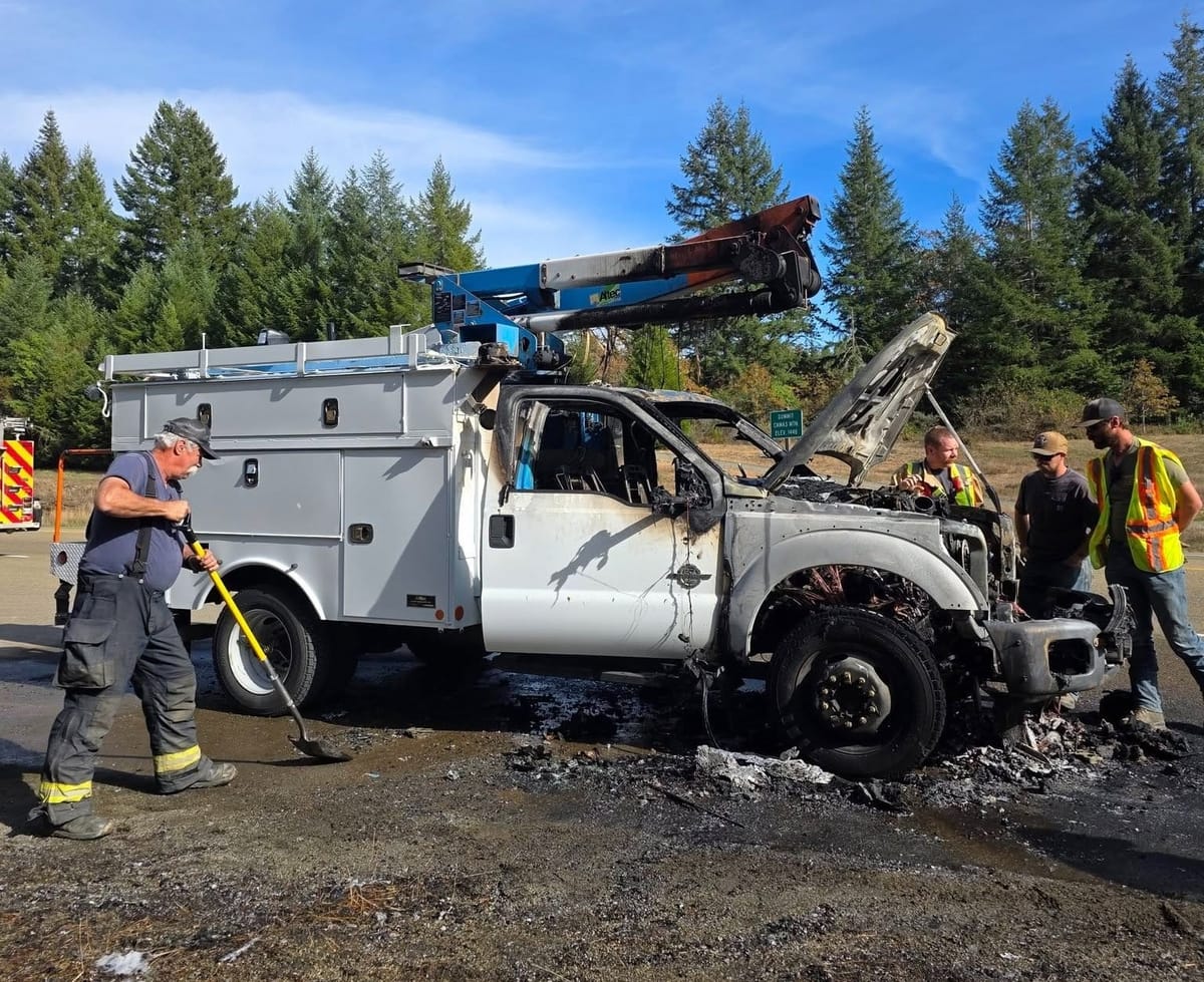 Boom Truck Destroyed By Fire Along Highway 42 Near Camas Valley