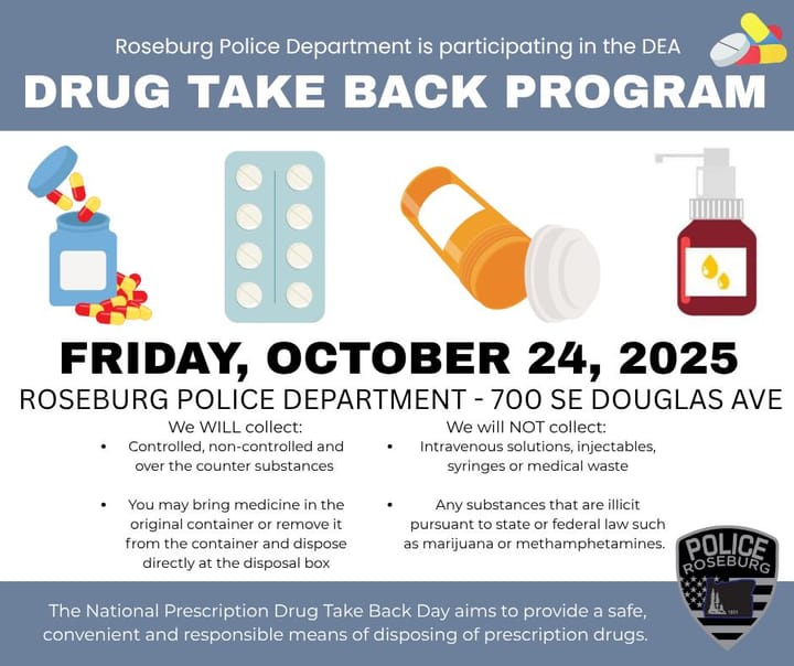 Roseburg Police to Host National Drug Take Back Day on October 24