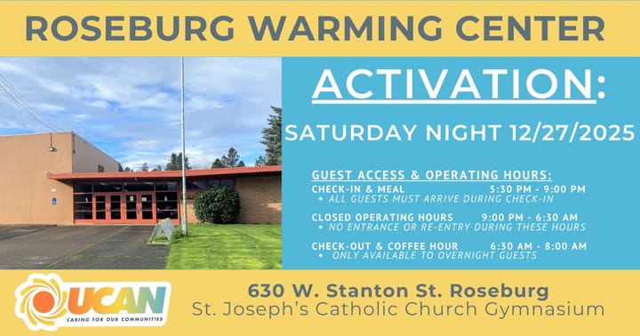 Roseburg Warming Center Activated Saturday Night as Cold Weather Continues