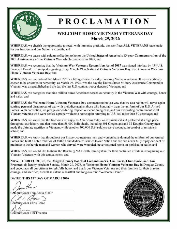 Douglas County Proclaims March 29 as Welcome Home Vietnam Veterans Day
