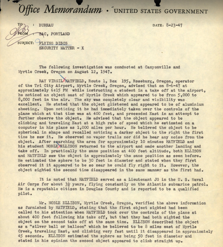 1947 Myrtle Creek “Flying Disc” Report Included In Declassified Federal UAP Release
