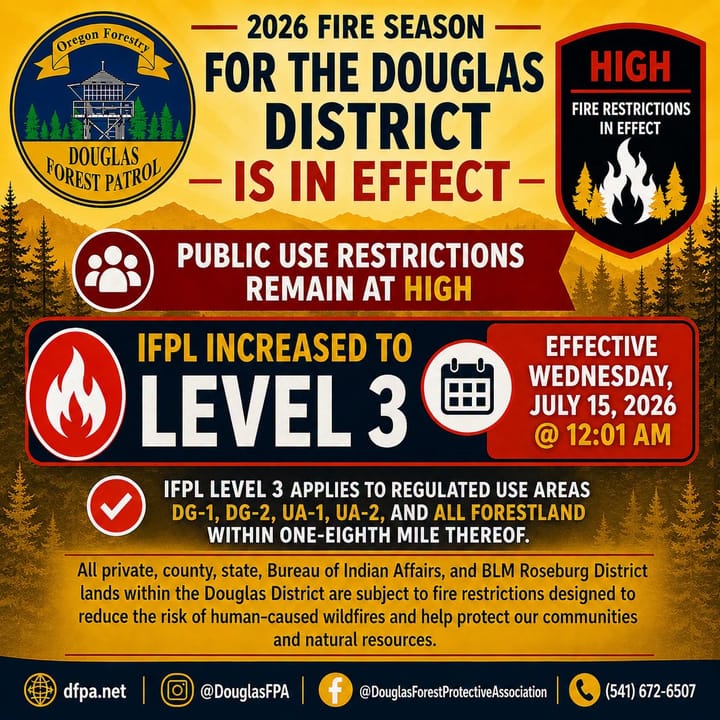 Industrial Fire Restrictions Increase to Level 3 Across Douglas District Wednesday
