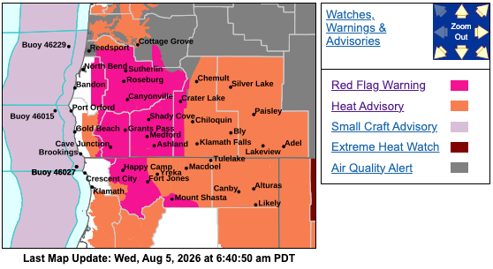 Red Flag Warning Issued Wednesday for Roseburg and Much of Southern Oregon