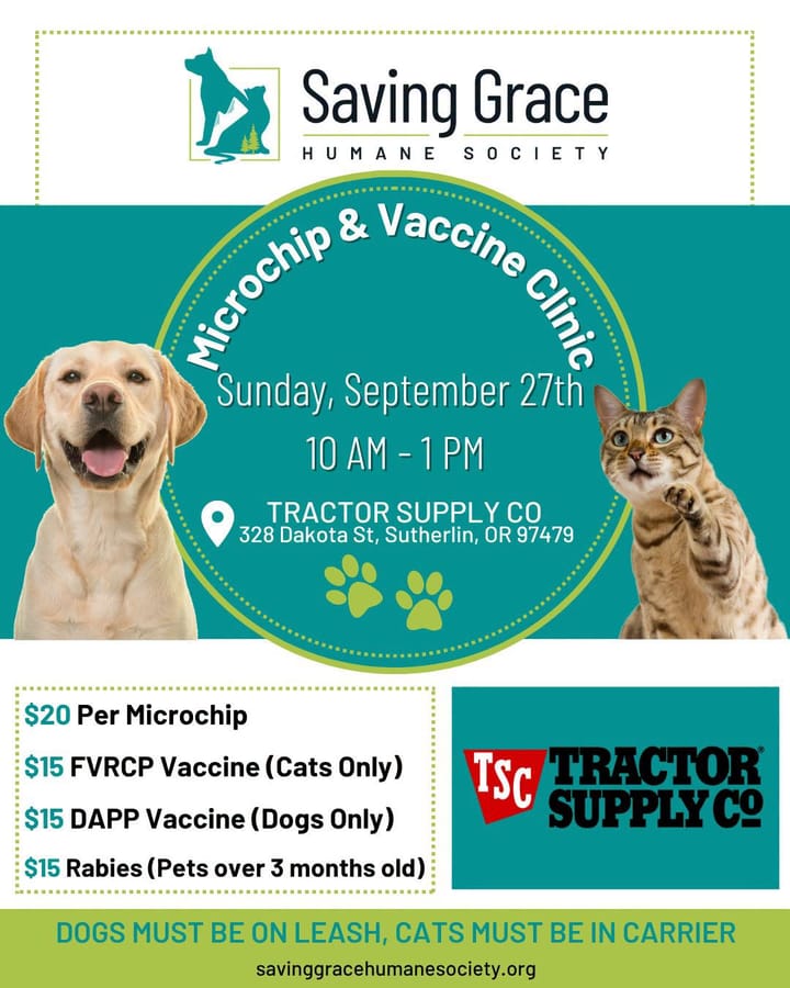 Saving Grace to Hold Pet Microchip and Vaccine Clinic in Sutherlin